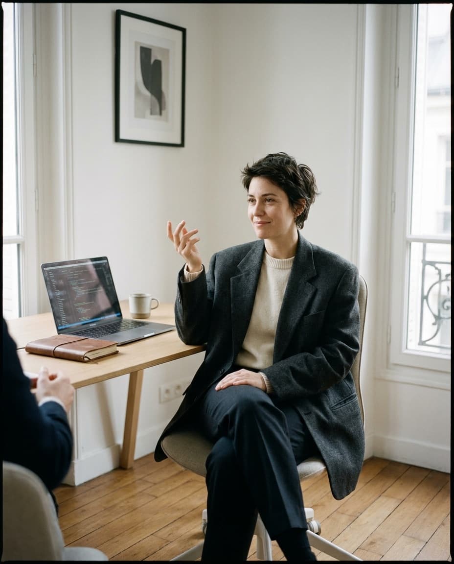 Bureau parisien lumineux — écran de code, carnet de notes techniques, café, ambiance de matinée.