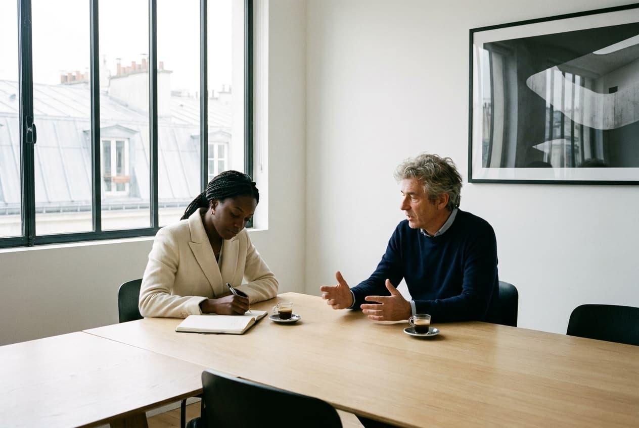 Scène de brief client — deux personnes en discussion autour d’une table de réunion, lumière naturelle, bureau parisien contemporain.