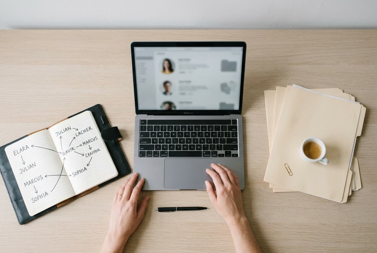 Sourcing direct — dossiers candidats, MacBook, notes manuscrites sur bureau éditorial.