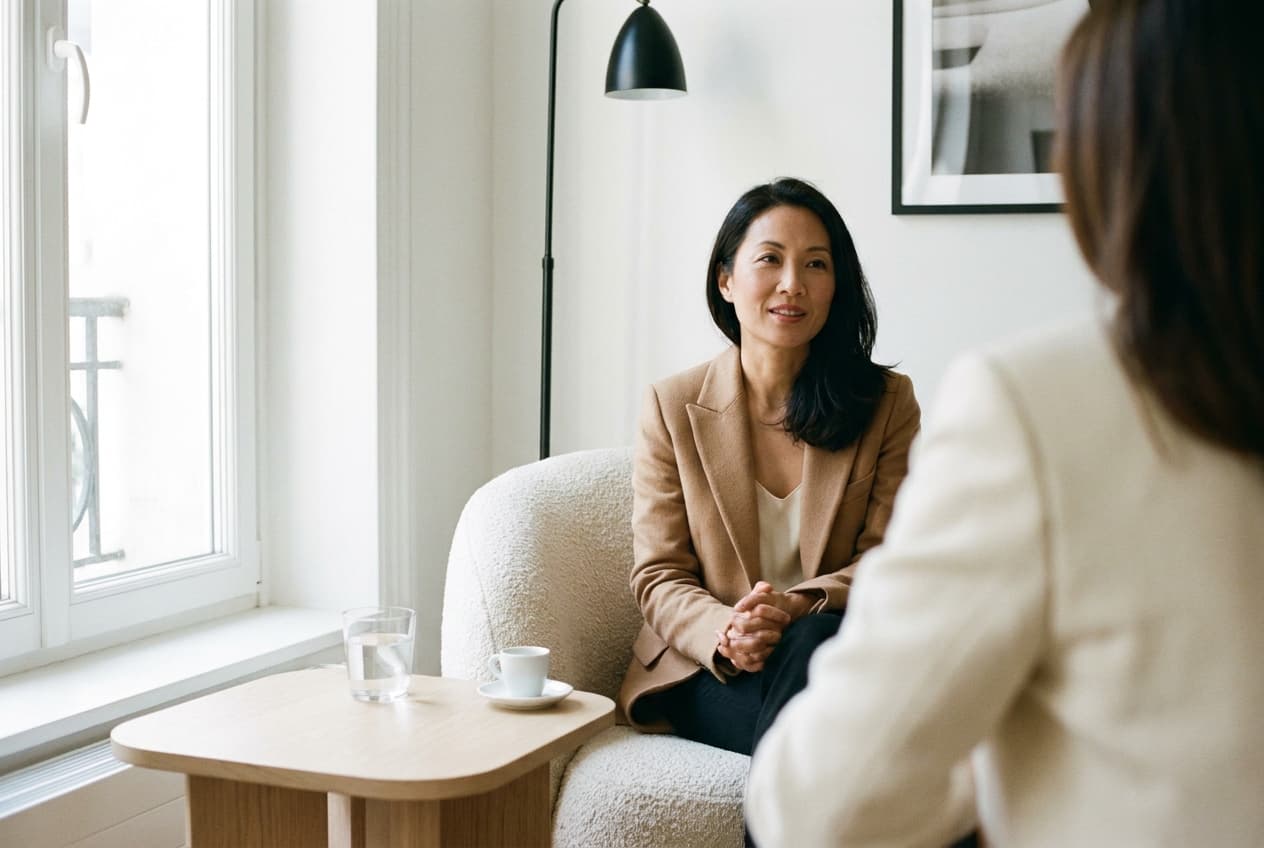 Entretien candidat — fauteuil bouclette crème, bureau parisien lumineux.