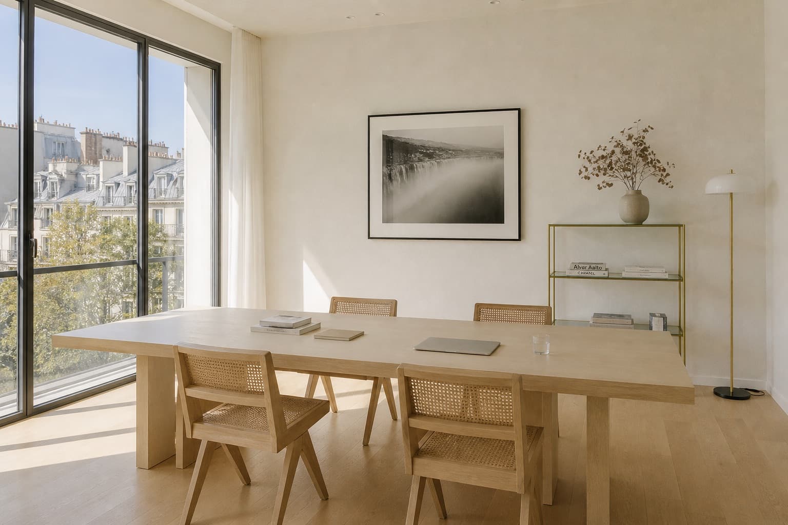 Le bureau du cabinet Tandem, 60 rue François 1er — lumière naturelle, matières chaudes.