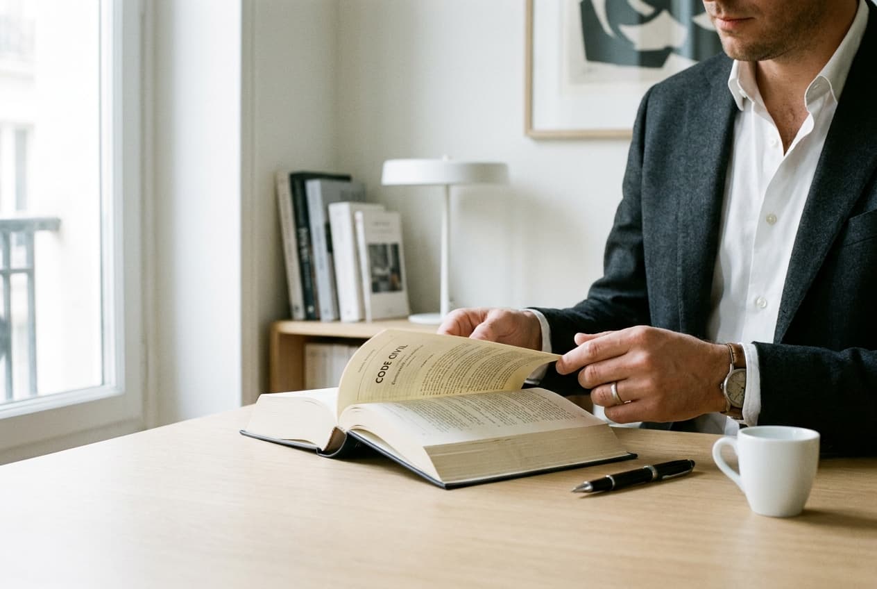 Bureau parisien — Directeur juridique annotant un contrat, codes Dalloz empilés, lampe d'architecte.